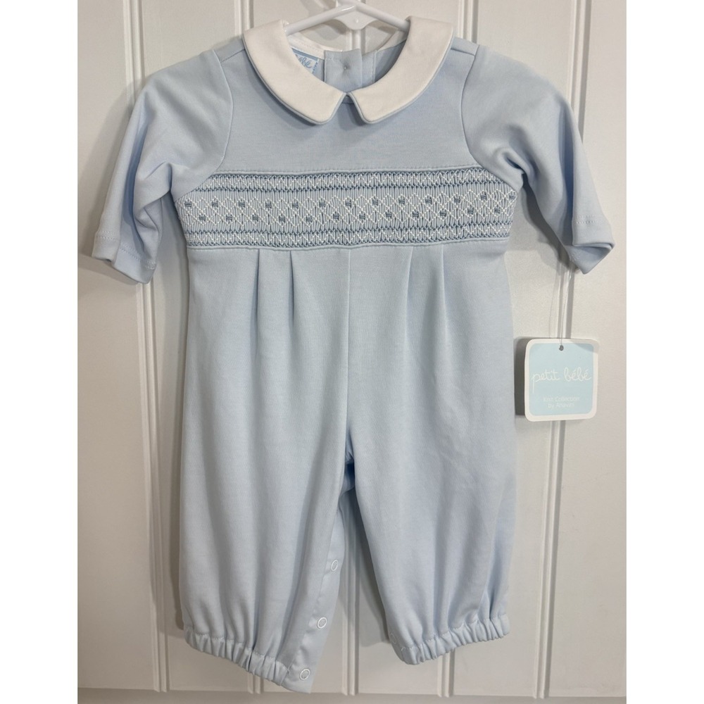 Petit Bebe 40212 Marcos Blue Knit Smocked Romper Size 3 Months Traditional